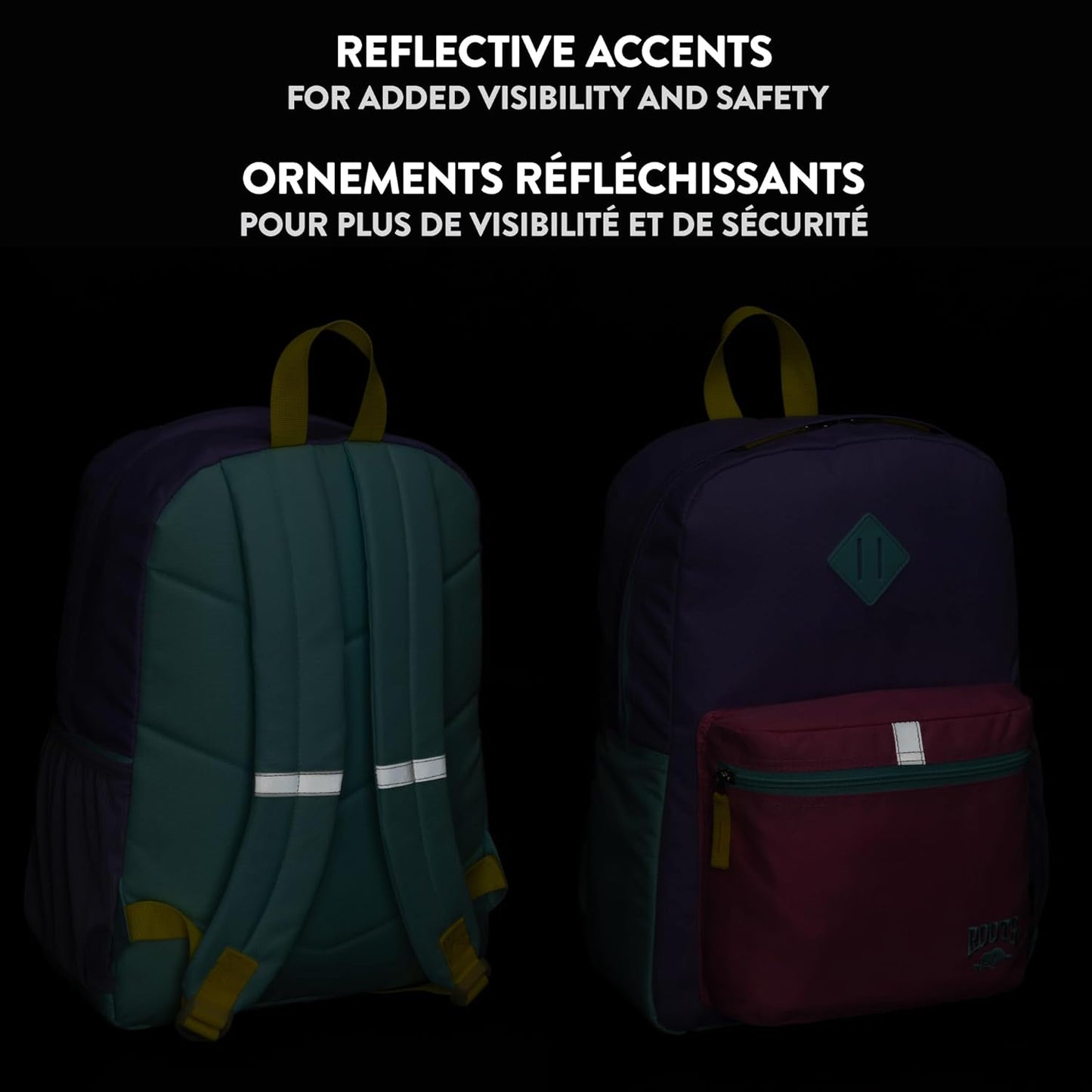 Roots Kids Lightweight Backpack — Made from 100% Recycled Fabrics with Rain Flap, Bottle Pocket, Reflective Accent, and Back Padding — 22.5 litres, Pink & Purple