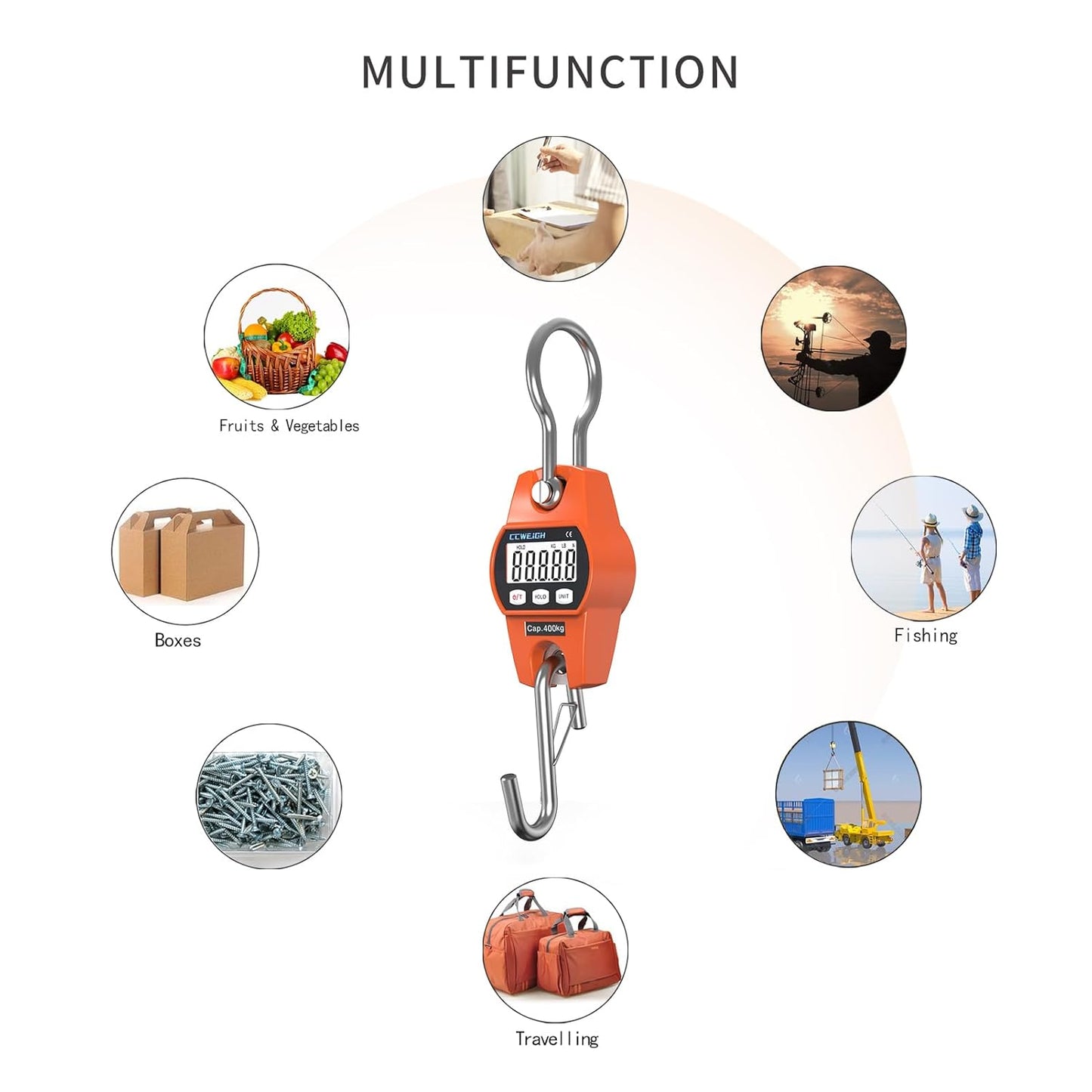 Digital Hanging Scale 881 Lb 400 Kg Hanging Digital Scale, Handheld Mini Crane Scale with Hooks for Farm Hunting Fishing Outdoor