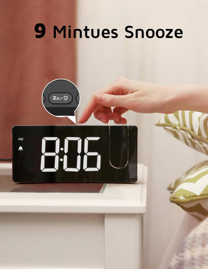 GOLOZA Projection Alarm Clock, Digital Clock with Modern Curved Design 180° Rotatable Projector, 3-Level Brightness Dimmer, Clear Blue LED Display, Progressive Volume, 9mins Snooze,12/24H, for Bedroom