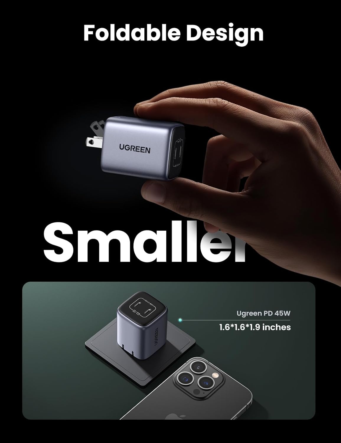 UGREEN Nexode 45W USB C Charger Block, GaN PPS Dual Port USB C Fast Charger Super Fast Charge 2.0 Wall Plug Compatible with Galaxy S25 S24 Ultra S23 A54, iPad, iPhone16, Pixel 9, Black