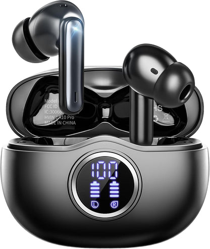 Sisism A10 Pro Wireless Earbuds, Bluetooth 5.3 Headphones HiFi Stereo 40H Playback LED Digital Display Ear Buds with ENC Noise Canceling Headset, IPX7 Waterproof Earphones for Gym/Running/Work Black