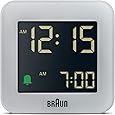 Braun Digital Alarm Clock with Snooze, Negative LCD Display, Quick Set, Crescendo Beep Alarm in White, Model BC09W.