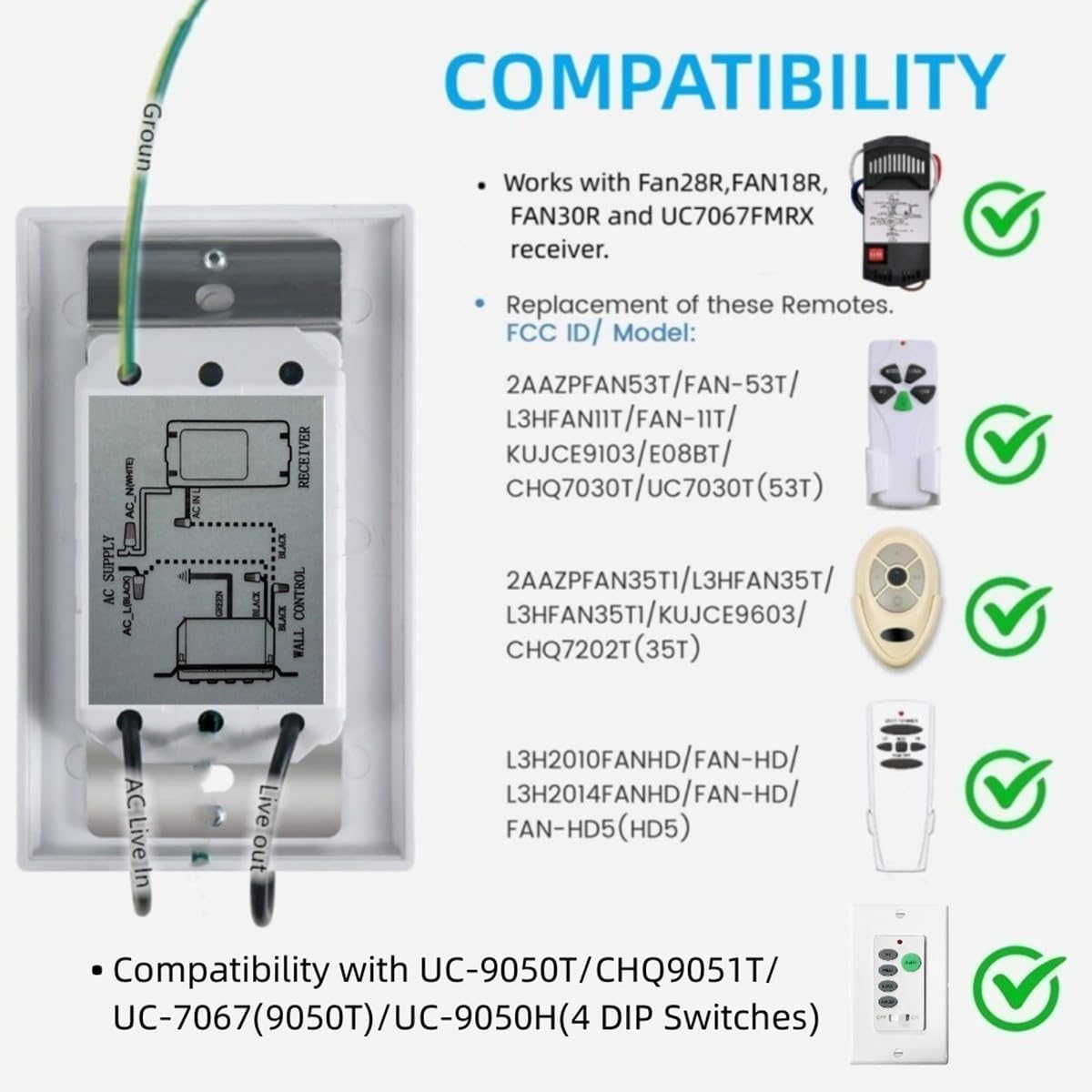 Universal Ceiling Fan Wall Remote Control 3 Speed Light Dimmer Switch 4-DIP Compatible with Hampton Bay, Harbor Breeze, Hunter (Wall Remote Control Only)