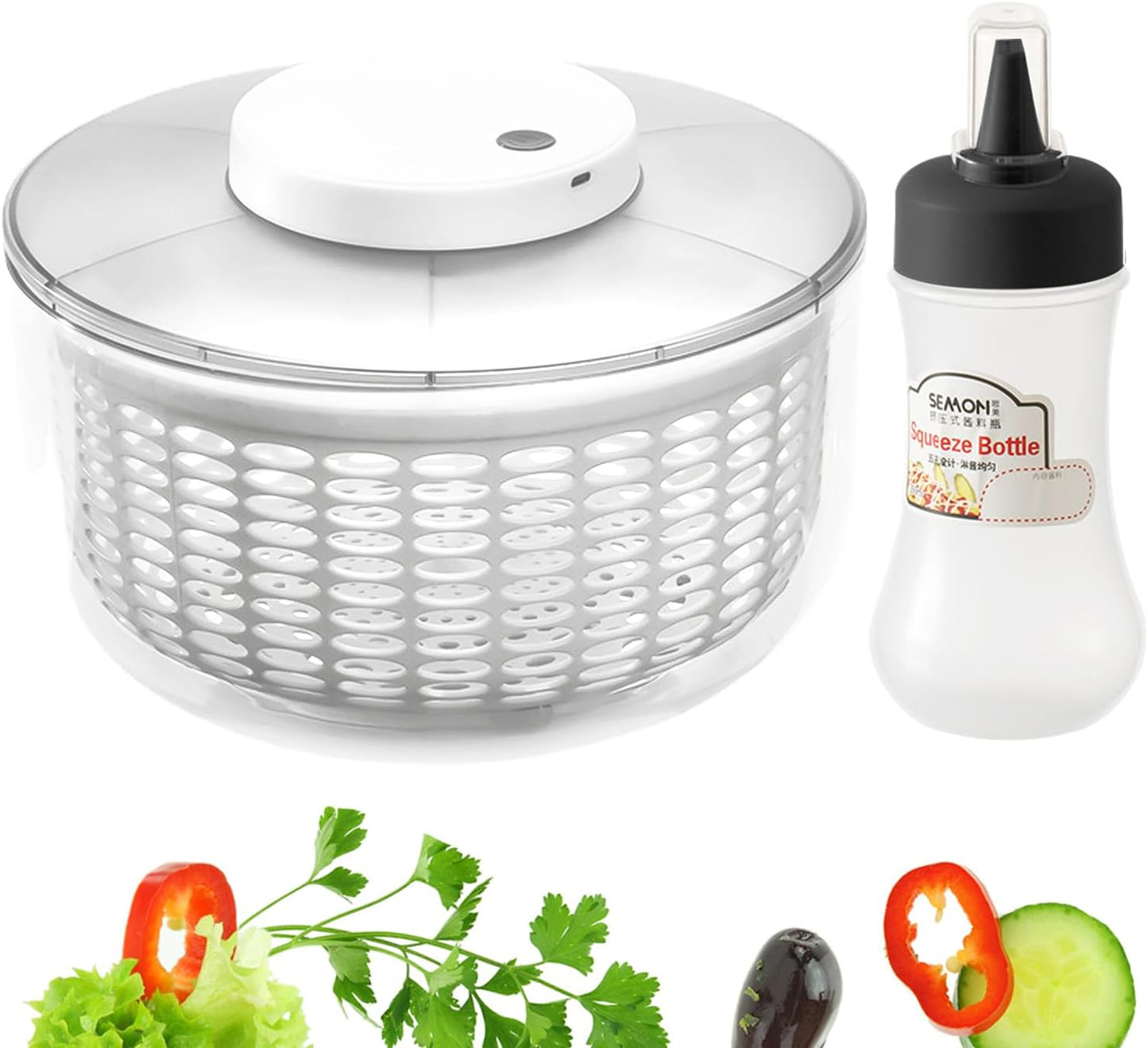 Electric Salad Spinner,6L Large Capacity Lettuce Spinner,Automatic Vegetables Fruit Washer Dryer Drainer Strainer,USB Charge,Quick Dehydrator with 350 ml Squeeze Bottle for Home Kitchen