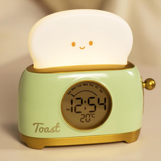 Alarm Clock for Kids, Cute Toast Night Light Alarm Clocks for Bedrooms, Dimming Rechargeable Small Led Desk Clock with Snooze & Countdown for Room Decor, Bedside Clock for Teen Girls Boys，Green