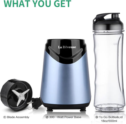 La Reveuse Smoothie Blender Personal Size 300 Watts with 2 Pieces 18 oz BPA-Free Travel Sports Bottles,Grey