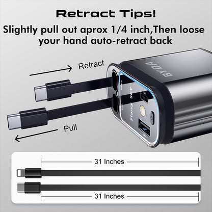 4 in 1 Retractable Car Charger 69W with Starry Light,69W Fast Charging USB C for iPhone 16/15/14/13/12,Pixel, Cigarette Lighter Charger,180° Adjustable Plug,Multi-Device Support