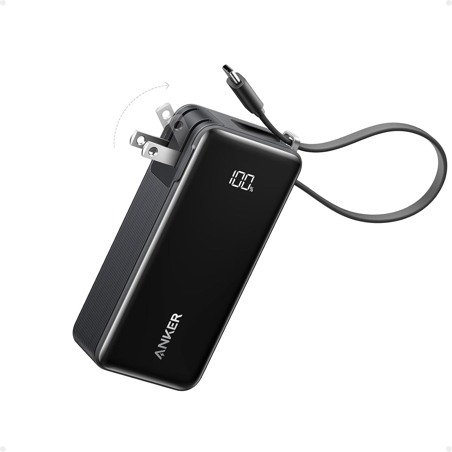 ANKER Nano 3-in-1 Power Bank, Foldable AC Plug, 10,000mAh, 30W Two-Way Fast Charging, Built-in Lightning Cable (Not for iPhone 16/15 Series), Compatible with iPhone 14 Series, AirPods, and More
