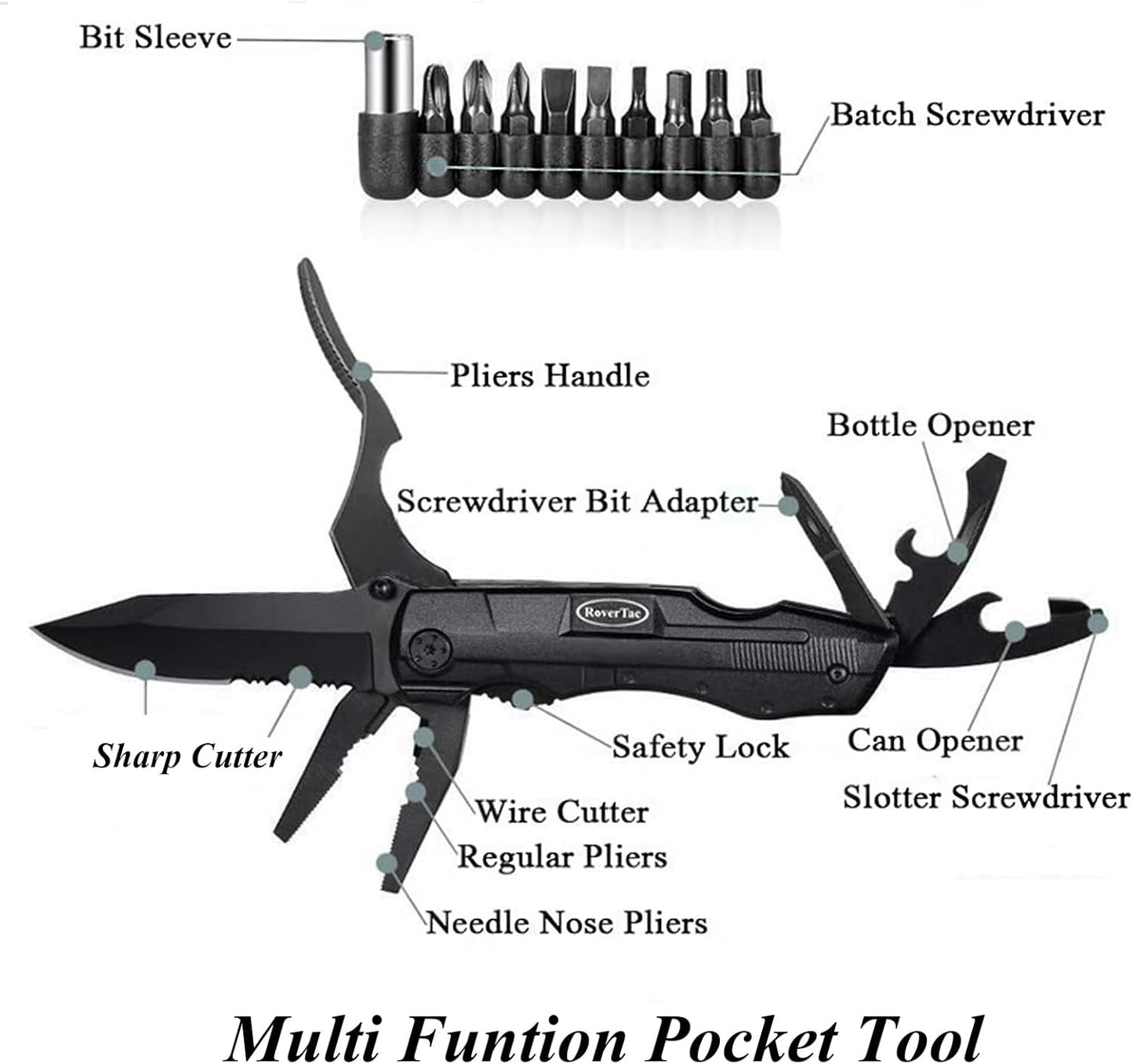 RoverTac Pocket Knife Tactical Folding Knife Multi Tool Survival Camping Knife, Multitool Knife Pliers Bottle & Can Opener 9-Pack Screwdrivers Liner Lock Nylon Sheath, Pocket Knife for Camping Hiking