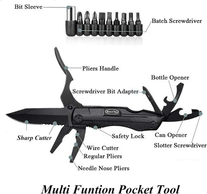 RoverTac Pocket Knife Tactical Folding Knife Multi Tool Survival Camping Knife, Multitool Knife Pliers Bottle & Can Opener 9-Pack Screwdrivers Liner Lock Nylon Sheath, Pocket Knife for Camping Hiking