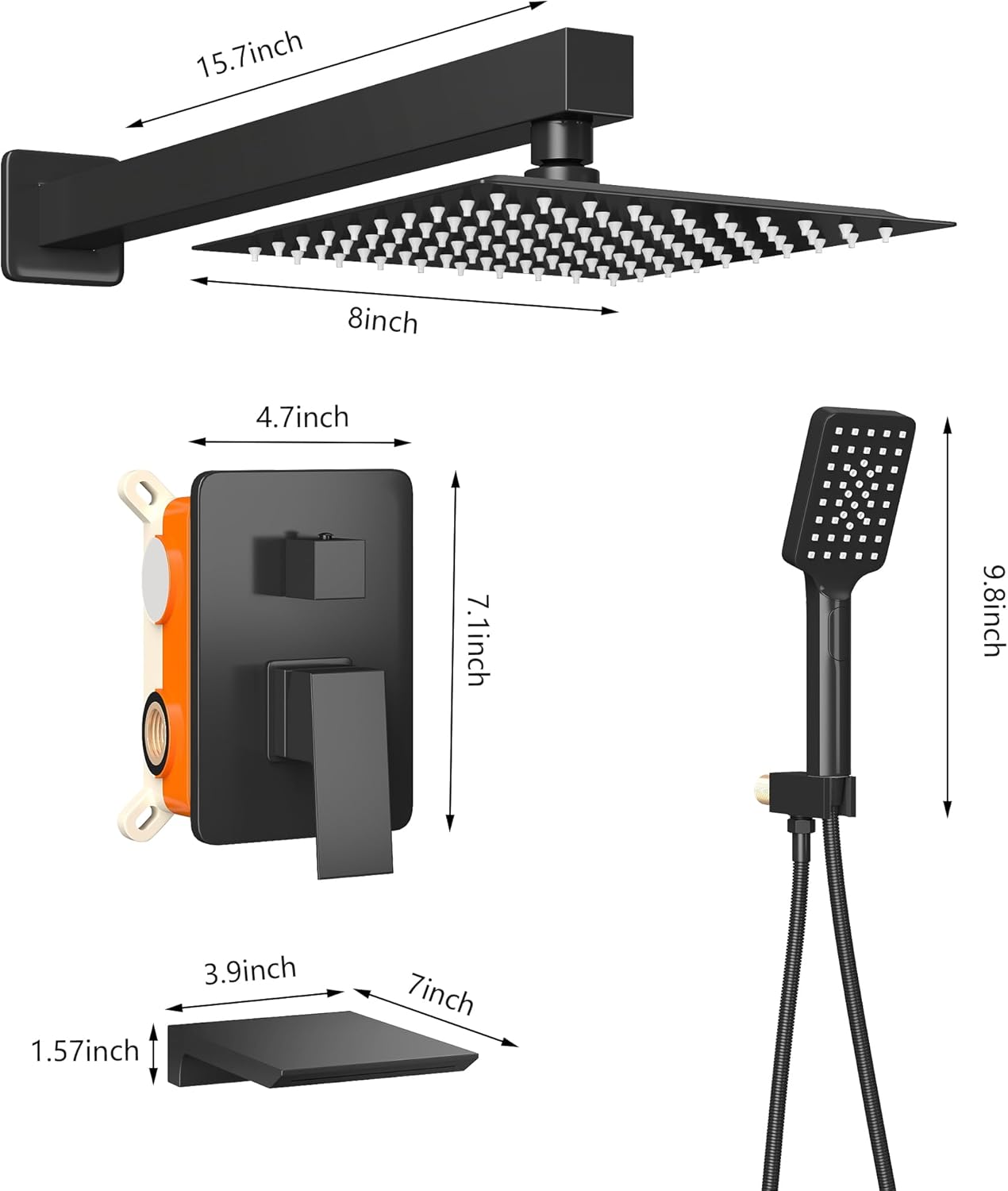 LCEVCGK Shower Faucet Set Complete Matte Black Shower System with 8 inch Square Rainfall Shower Head 3-Function Handheld Shower Waterfall Bathtub Spout Rain Shower Combo Set Bathroom Wall Mounted