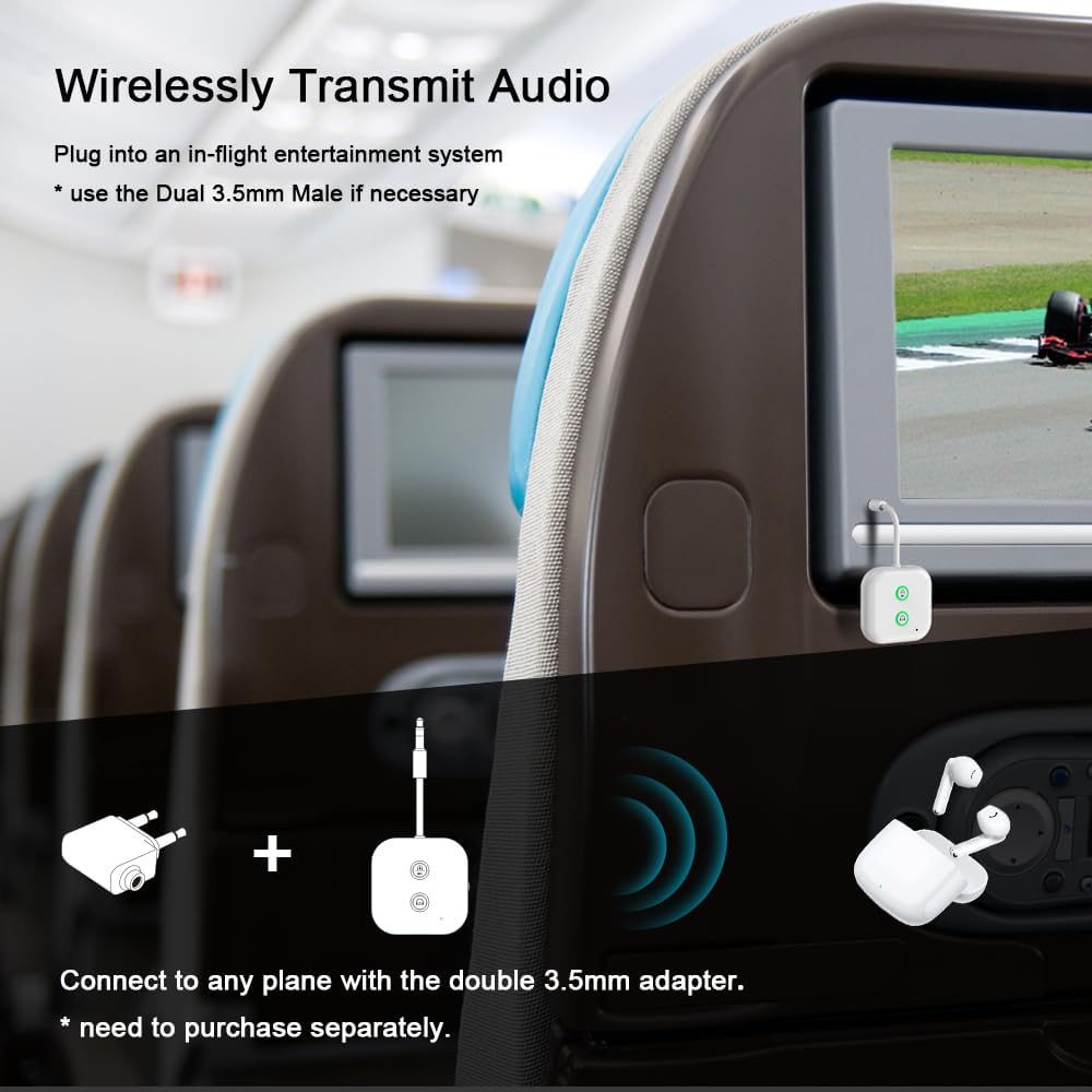 2 in 1 Bluetooth 5.3 Transmitter Receiver for Car Bluetooth Adapter Airplane to Wireless Headphones, Supports AirPods,3.5mm Aux Jacks Bluetooth Splitter Compatible with Car TV Airplane-3.5Inch Cable
