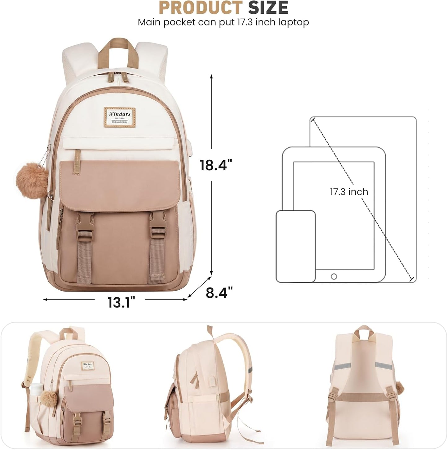 WINDARS School Backpack for Teen Girls, Cute College Backpacks for Women Students Aesthetic Bookbag Large 15.6 Inch Laptop Bag Middle School Travel Back Pack (Khaki Beige)