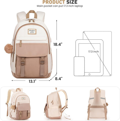 WINDARS School Backpack for Teen Girls, Cute College Backpacks for Women Students Aesthetic Bookbag Large 15.6 Inch Laptop Bag Middle School Travel Back Pack (Khaki Beige)