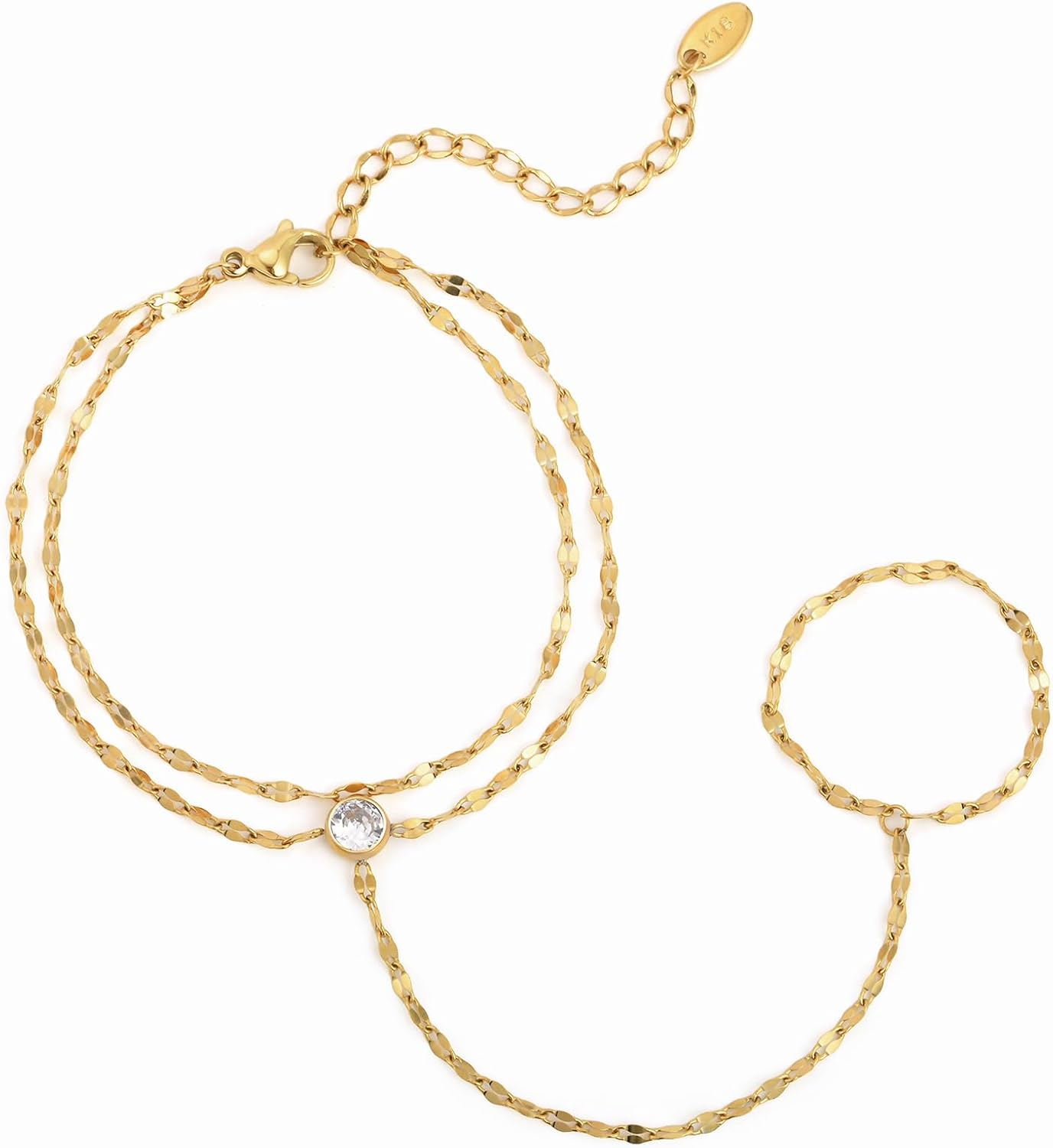 Hand Chain Ring Bracelet For Women, 14k Gold Plated Dainty Cubic Zirconia Minimalist Finger Ring Bracelet, Trendy Stuff Jewelry Gifts To Wife Girfriend Daughter Sister BBF, 17.5cm/7.5cm