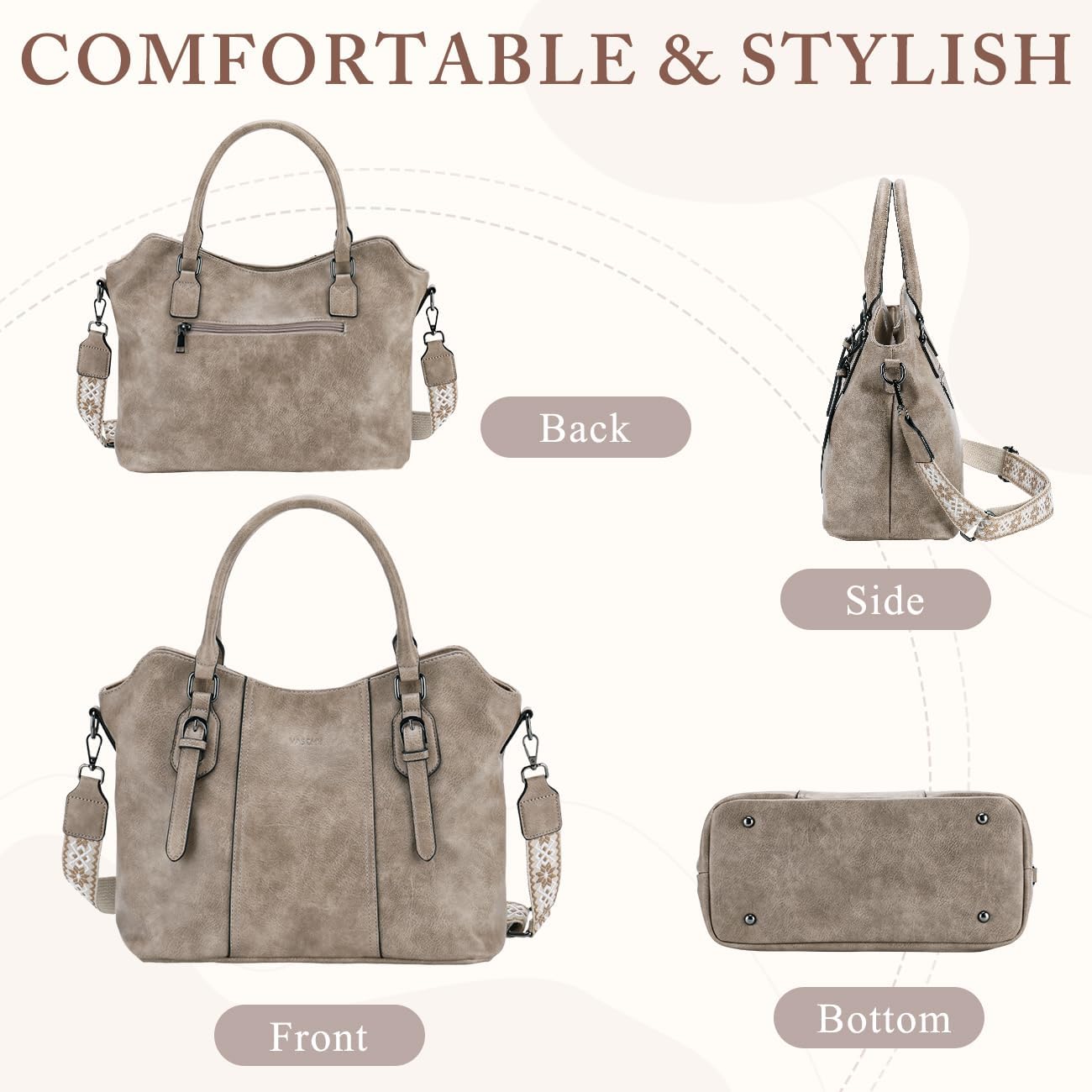 Hobo Bags for Women,VASCHY Vegan Leather Handbag Purse Top Handle Satchel Boho Shoulder Bag with Crossbody Guitar Strap