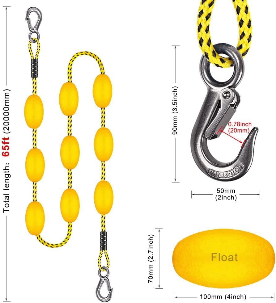 SELEWARE 65ft Tow Rope, Boating Tow Ropes for 1-4 Rider Towable Tubes, W/Floats, Stainless Steel Hook at Each end, idear for Water Sports