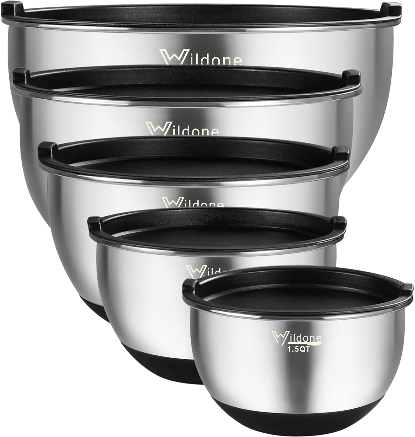 Mixing Bowls Set of 5, Wildone Stainless Steel Nesting Mixing Bowls with Lids, Measurement Lines & Silicone Bottoms, Size 8, 5, 3, 2, 1.5 QT, Non-Slip & Stackable Design, Great for Mixing and Prepping