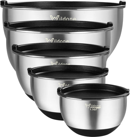 Mixing Bowls Set of 5, Wildone Stainless Steel Nesting Mixing Bowls with Lids, Measurement Lines & Silicone Bottoms, Size 8, 5, 3, 2, 1.5 QT, Non-Slip & Stackable Design, Great for Mixing and Prepping