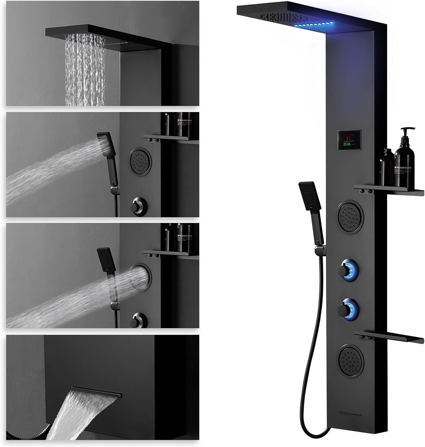 BATHLAVISH LED Black Shower Panels, Shower Tower with Storage Shelf 304 Stainless Steel System with Rainfall Shower Head with Handheld Massage Body Jets Bathroom Matte Black Waterfall Bathtub