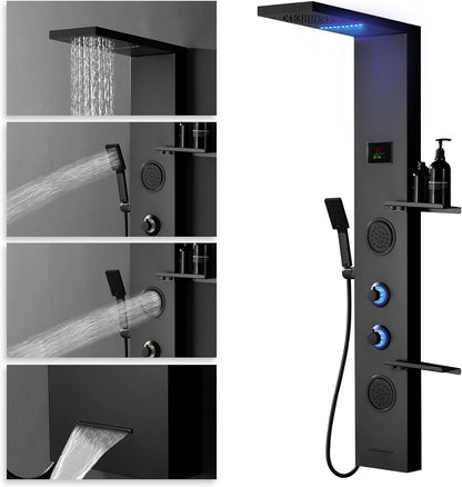 BATHLAVISH LED Black Shower Panels, Shower Tower with Storage Shelf 304 Stainless Steel System with Rainfall Shower Head with Handheld Massage Body Jets Bathroom Matte Black Waterfall Bathtub