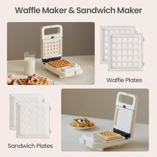 Waffle Sandwich Maker 2 in 1 Grill, Olayks Compact Waffle Makers with Removable Non-Stick Plates, Perfect for Cooking Grilled Cheese, Tuna Melts, Burgers, Steaks and Snacks - PuriLite