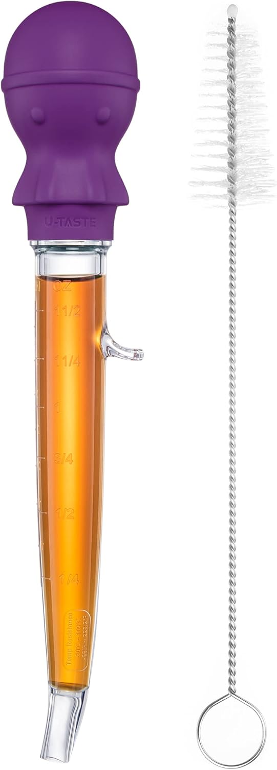 U-Taste 1.5oz Angled Turkey Baster - 228.2ºF Heat Resistant Food Grade Silicone Large Octopus Bulb Baster Set with Cleaning Brush for Cooking Basting Meat Poultry Beef Chicken (Black)