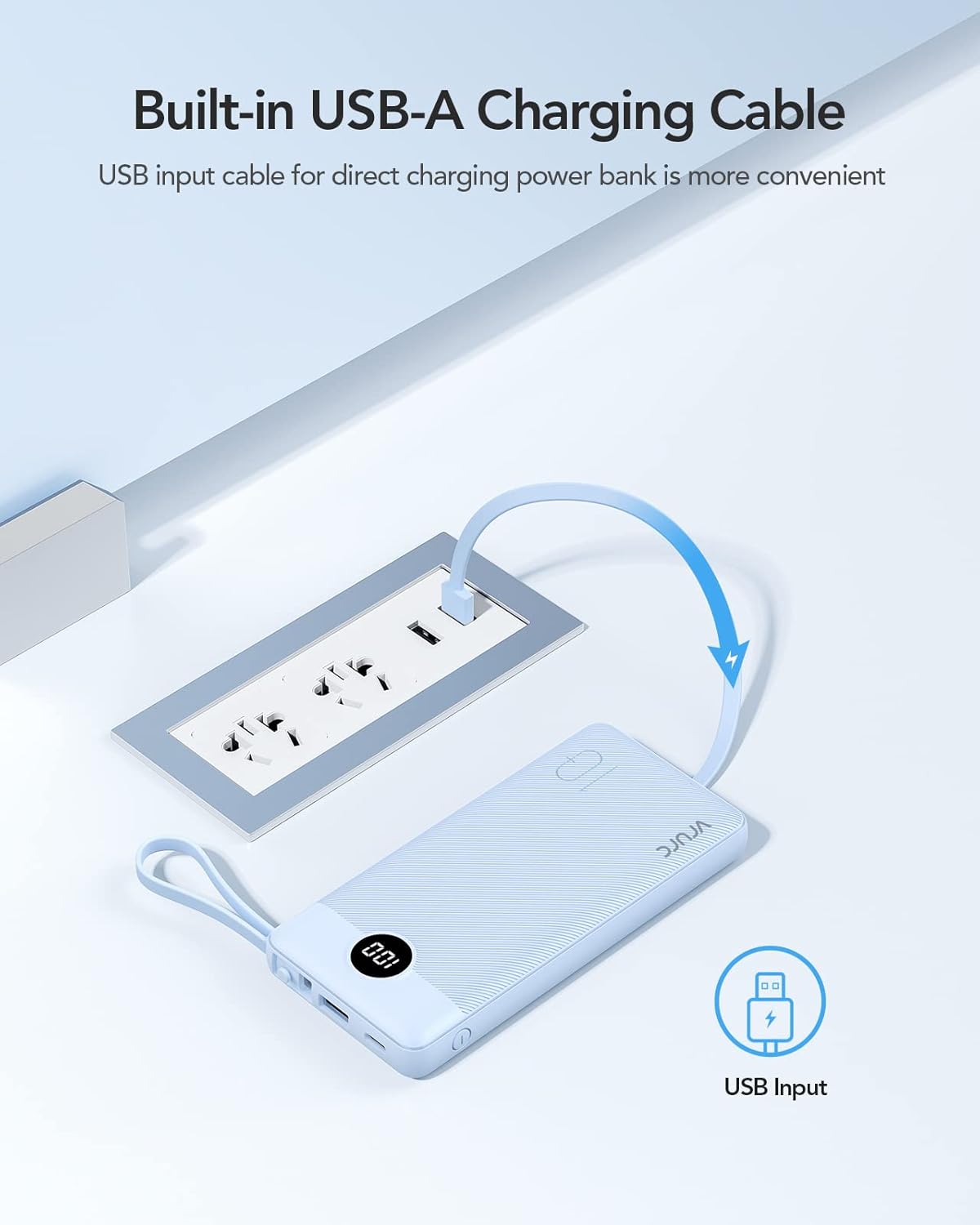 VRURC 10000mAh Power Bank Built-in Cables, Portable Charger with LED Display, Slim Intelligent Travel Battery Pack with Cords, 5 Output Dual Input Phone Charger for Cell Phone Smart Devcies-Blue