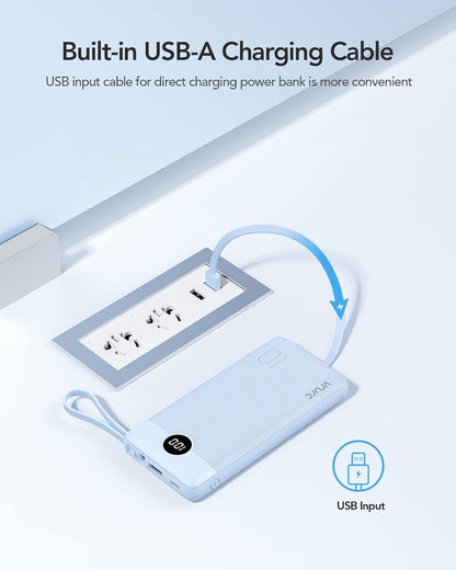 VRURC 10000mAh Power Bank Built-in Cables, Portable Charger with LED Display, Slim Intelligent Travel Battery Pack with Cords, 5 Output Dual Input Phone Charger for Cell Phone Smart Devcies-Blue