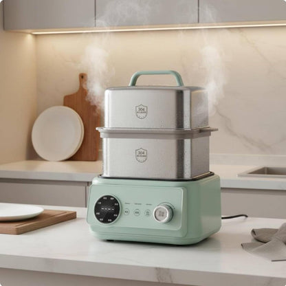 Electric Steamer Multi Layer Cooker Hot Pot Appliance Food Warmer Stainless Steel Trays 1200W With Digital Display Suitable for small gatherings, Stainless Steel Green, Canada 110V