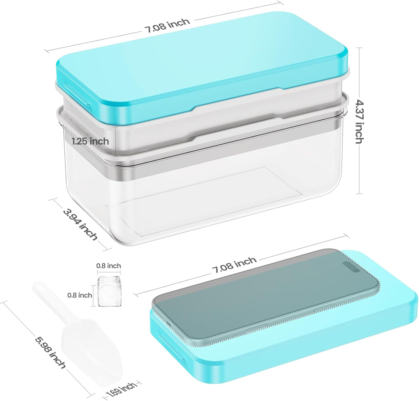 PHINOX Ice Cube Tray with Lid and Bin, Easy Release 56 Cubes for Freezer | Food-grade BPA-free PP and ABS.0.8" mini cubes for fruit, cocktails, coffee. Airtight, odor-free, stackable with scoop