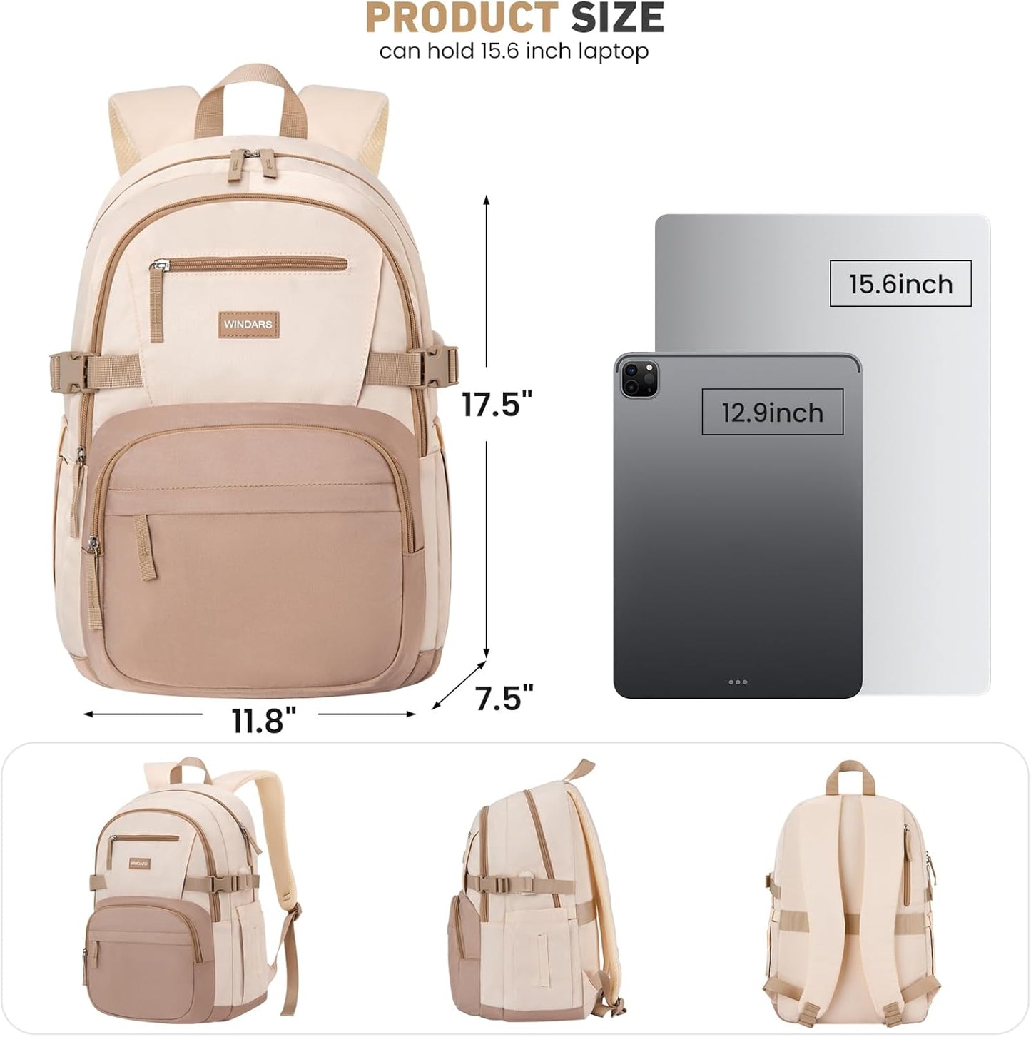 WINDARS Backpack for School Girls, Cute High School Backpacks for Teens Women Student Large Bookbag 15.6 Inch Laptop Bag with USB Charger Port for College Work Travel Trip (Beige Khaki)