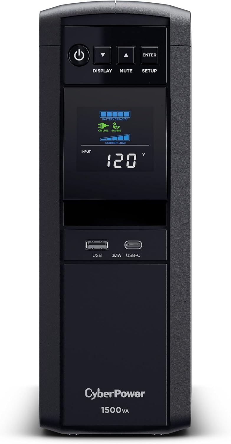 CyberPower CP1500PFCLCD PFC Sinewave UPS System, 1500VA/1000W, 12 Outlets, AVR, Mini Tower, Black