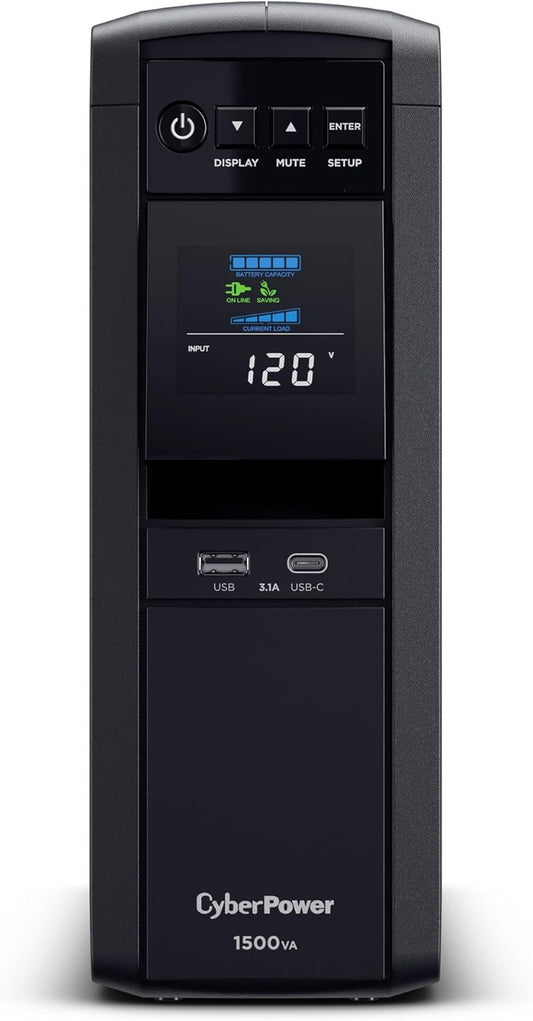 CyberPower CP1500PFCLCD PFC Sinewave UPS System, 1500VA/1000W, 12 Outlets, AVR, Mini Tower, Black