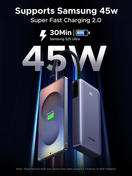 UGREEN 20000mAh 45W USB-C Power Bank with Built-in Cable, PD 3.0 and PPS Fast Charging Portable Charger, LED Display Compatible with Galaxy S25 S24 Ultra/Tab, iPhone 17 16 15, iPad Pro, MacBook Air - PuriLite