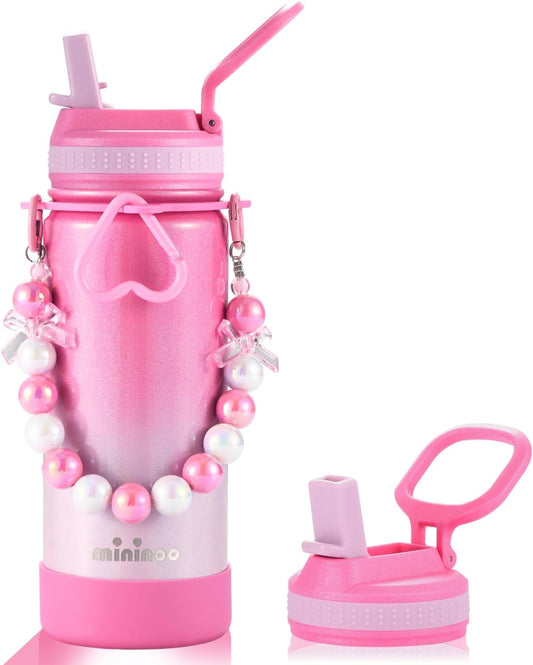 Mininoo 16 oz Ceramic-Lined Kids Water Bottle- Stainless Steel Insulated Water Bottle Kids with Leakproof Straw Lid for Girls & Boys