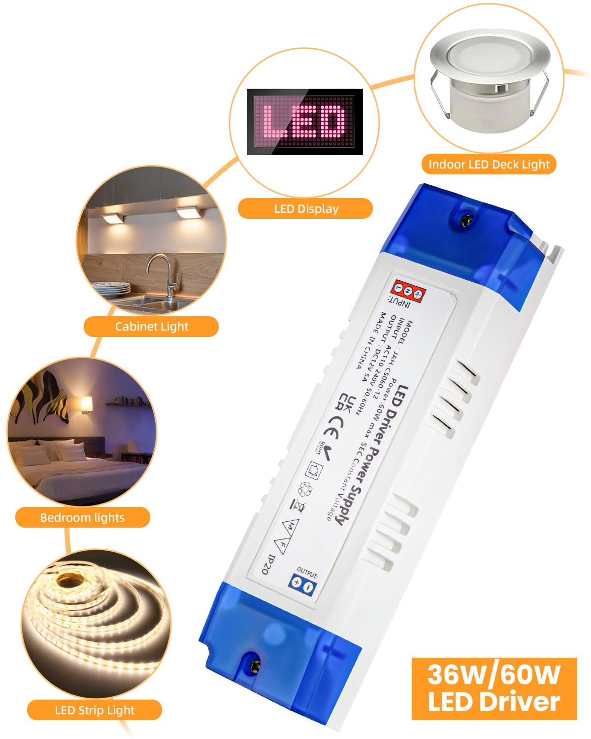 Cheopha 120V to 12V Converter LED Driver 12V 60W Transformer 5A LED Strip Power Supply for LED Strip Light, Under Cabinet Puck, G4 MR11 MR16 LED Light Bulbs, Pack of 1[Non Dimmable]
