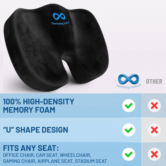 Everlasting Comfort Memory Foam Seat Cushion - Office Chair Cushion for Work, Travel, Car Support Pillow for Driving - Portable Seat for Chairs and Desks - Coussin Chaise - Black