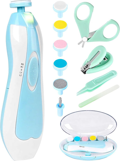 Qunlions life Electric Nail File Drill for Baby, No Sharp Claws Hurt, 6 in 1 Safety Cutter Trimmer Clipper for Toes and Fingers (Blue)