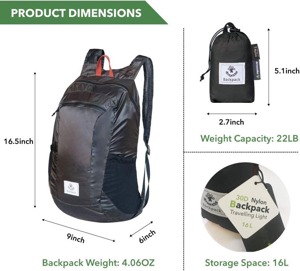 4Monster Hiking Daypack,Water Resistant Lightweight Packable Backpack for Travel Camping Outdoor