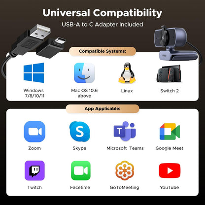 UGREEN 4K Webcam for PC Ultra HD 1080P 60FPS Web Camera with Microphone, Privacy Cover, 70° Fov, PDAF Autofocus, USB A and USB C Adapter, Plug & Play, for Streaming, Conference, Zoom