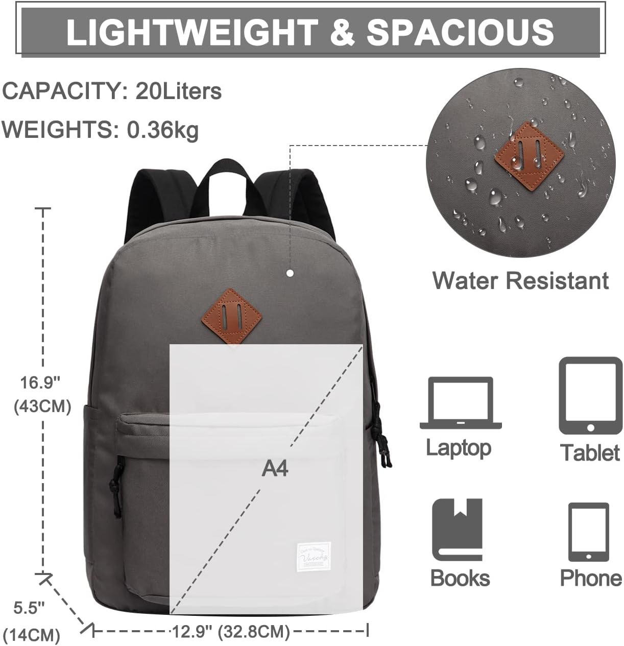 School Backpack for Kids, VASCHY Lightweight Water Resistant Casual Schoolbag Daypack for Men Women Teen Boys Girl Bookbag