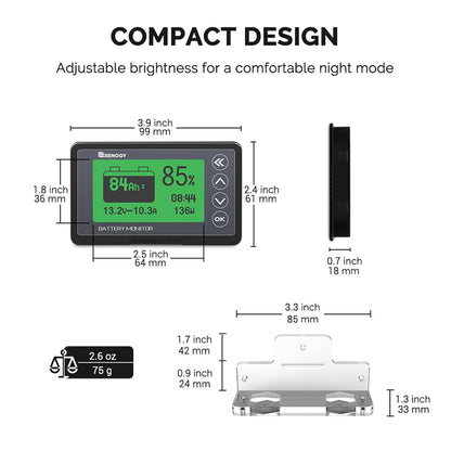 Renogy 500A Battery Monitor, High and Low Voltage Programmable Alarm, Voltage Range 10V-120V and up to 500A, Compatible with 12V Lithium Sealed, Gel, Flooded Batteries