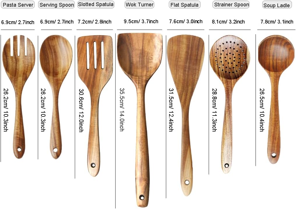 Wooden Spoons for Cooking, ADLORYEA Wood Kitchen Utensils Set, Natural Teak Wooden Cooking Utensils set for Nonstick Cookware, 7-Piece Sturdy Eco-friendly and Healthy Wooden Spatula for Cooking