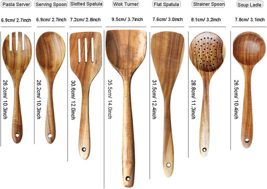 Wooden Spoons for Cooking, ADLORYEA Wood Kitchen Utensils Set, Natural Teak Wooden Cooking Utensils set for Nonstick Cookware, 7-Piece Sturdy Eco-friendly and Healthy Wooden Spatula for Cooking - PuriLite