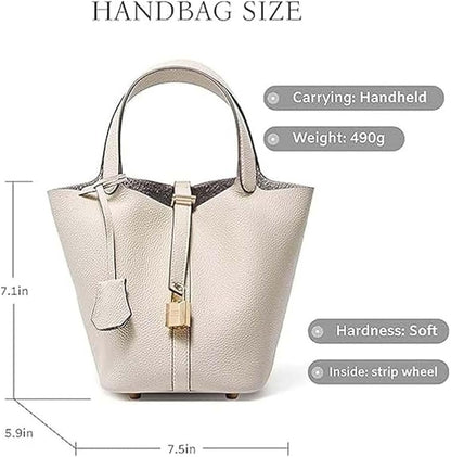 Purilite Select Genuine Leather Bucket Bag | Lock Design Satchel | Fashionable Handbag | Versatile Shoulder & Crossbody Bag