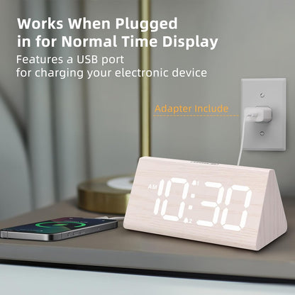 Odokee Wooden Digital Alarm Clock for Bedroom: Electric Desk Clock with Large LED Display - Brown