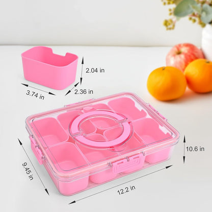 KIGITIONE Snackle Box, Pink 8 Compartments Portable Serving Tray, Divided Snackle Box Container with Lid and Handle, Snack Organizer for Fruits, Snacks, Nuts, Candy, Ideal for Party, Travel & Picnics