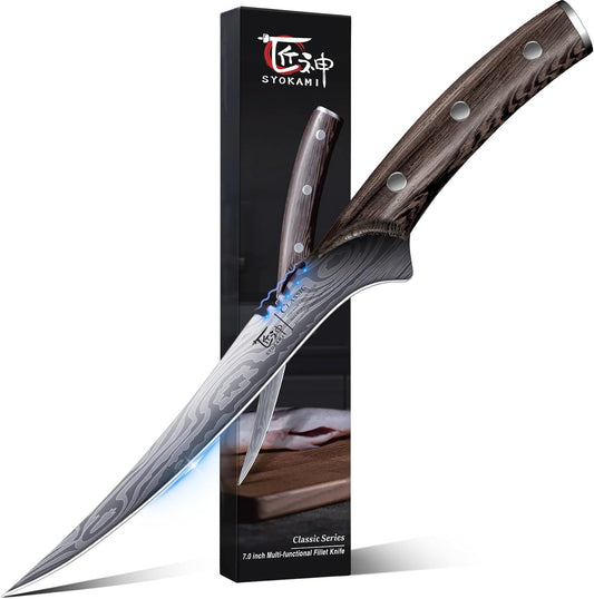 SYOKAMI Fillet Knife, Razor Sharp 7.2 Inch Boning Knife, High Carbon Stainless Steel Filet Knives with High Flexibility, Wooden Handle, Full Tang Damascus Pattern Fish Knives, Ideal for Gifting
