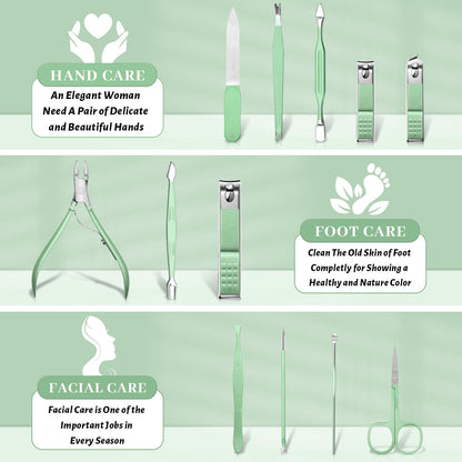 Manicure Pedicure Set, Nail Clipper Set for Men Women, Professional Manicure Kit Pedicure Kit, Nail Care Kit with Green Travel Leather Bag, Set 12 in 1
